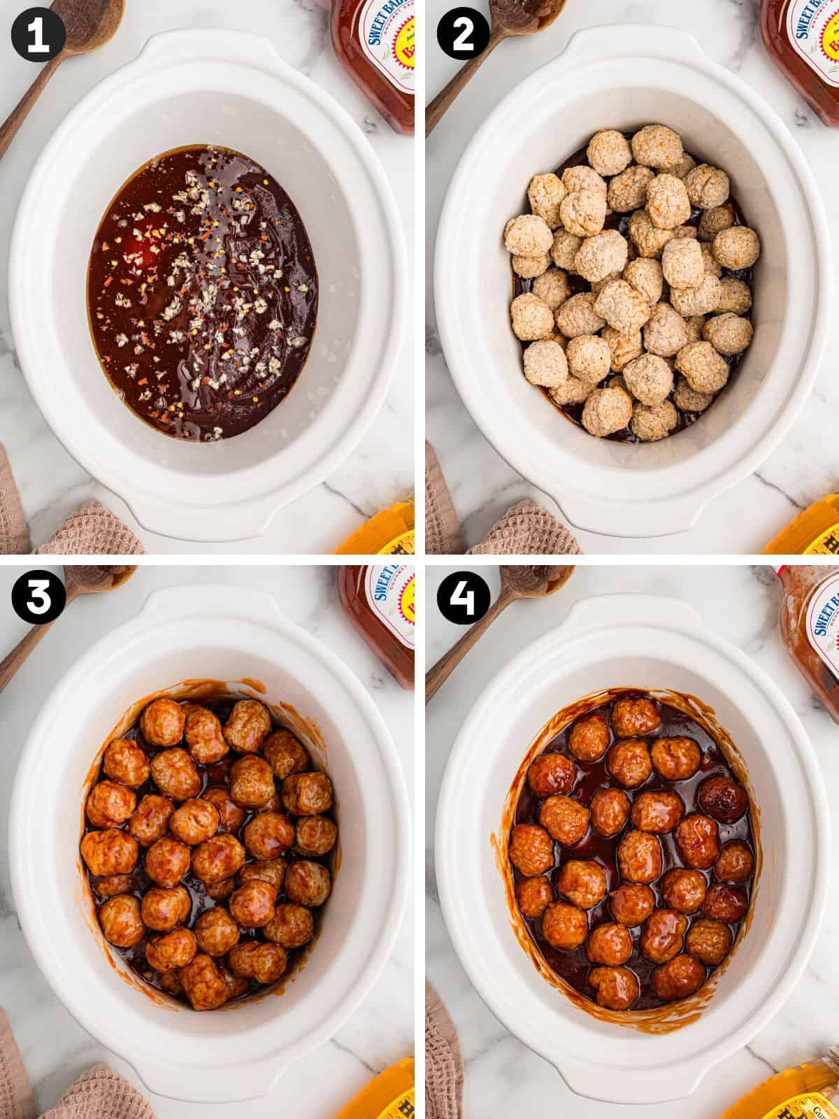 Collage showing four steps to make honey BBQ meatballs in a slow cooker.