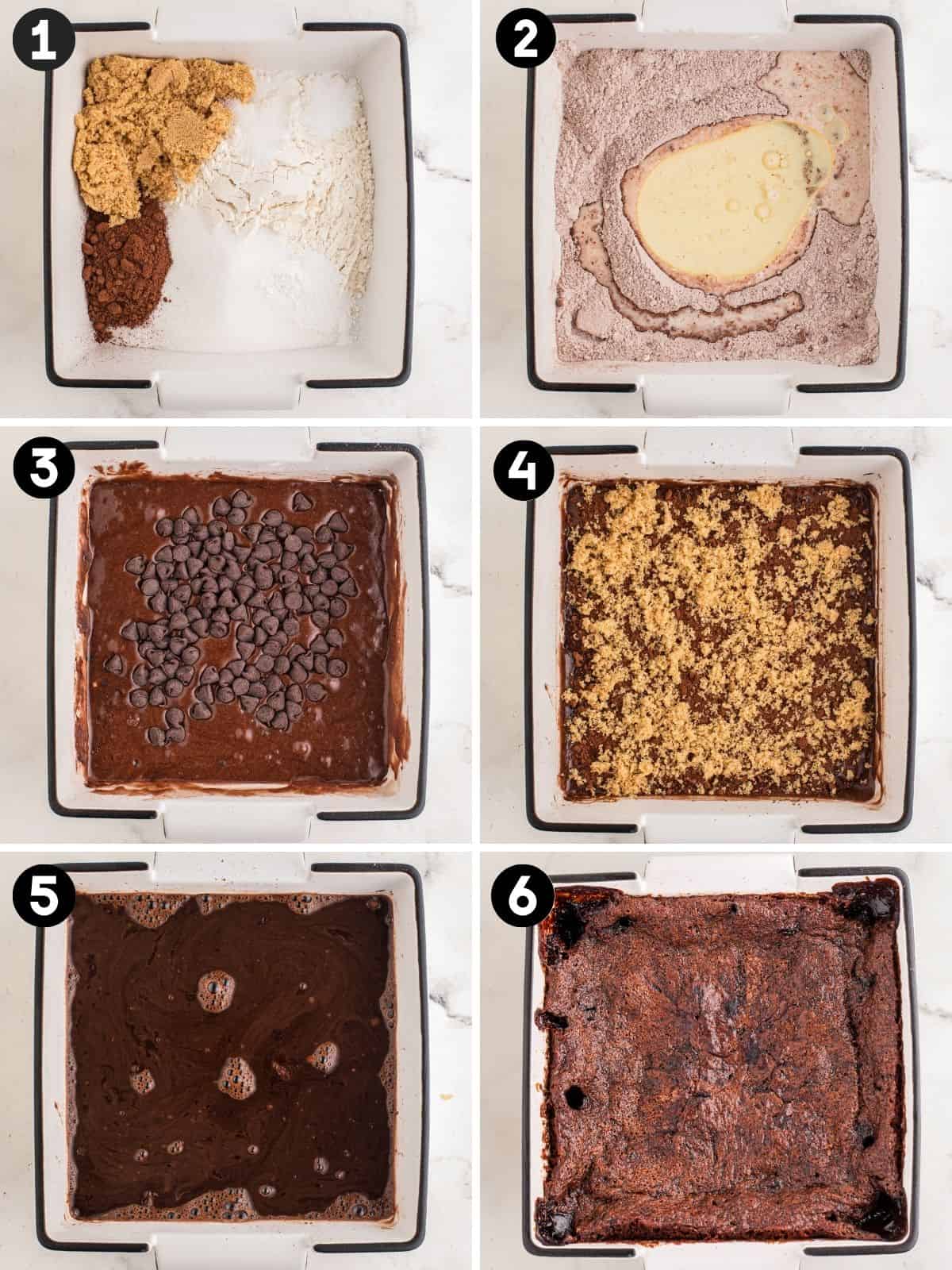 Six-panel collage showing steps to make chocolate pudding cake in a square baking dish: dry ingredients in the dish, wet ingredients added, batter topped with chocolate chips, brown sugar sprinkled on top, liquid poured over the surface, and the baked cake with a set top and darker edges.