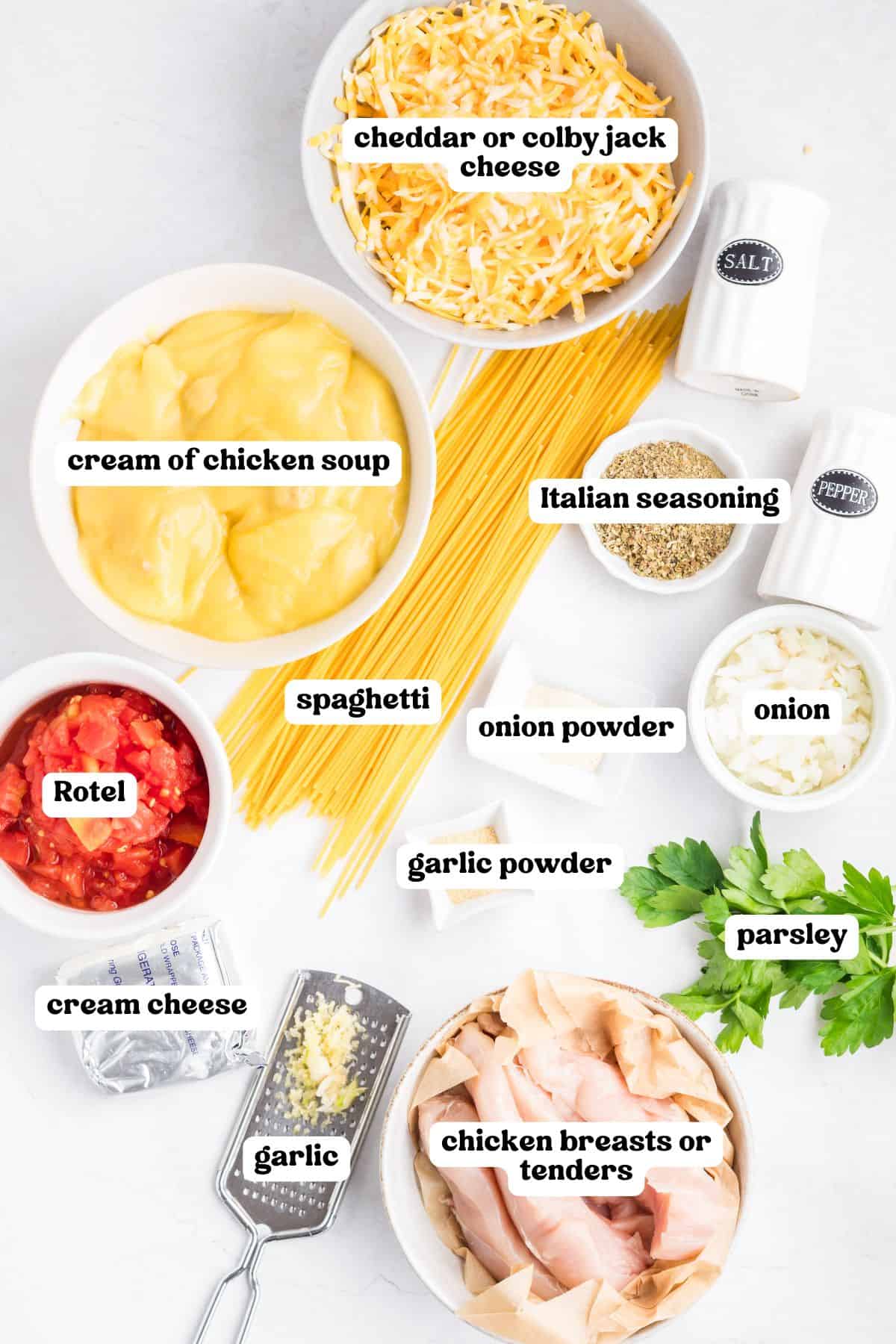 Ingredients for chicken spaghetti labeled including chicken breasts or tenders, spaghetti, Rotel tomatoes, cream of chicken soup, cream cheese, shredded cheddar or colby jack cheese, onion, garlic, garlic powder, onion powder, Italian seasoning, parsley, salt, and pepper.