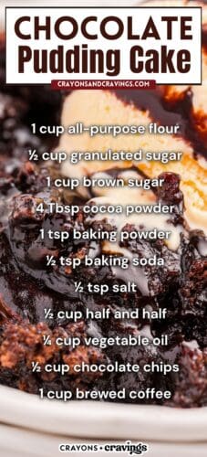 A close-up of chocolate pudding cake topped with a scoop of vanilla ice cream and chocolate sauce. Text reads &ldquo;Chocolate Pudding Cake&rdquo; and lists ingredients including all-purpose flour, granulated sugar, brown sugar, cocoa powder, baking powder, baking soda, salt, half and half, vegetable oil, chocolate chips, and brewed coffee, with &ldquo;crayonsandcravings.com&rdquo; at the top and &ldquo;Crayons + Cravings&rdquo; at the bottom.