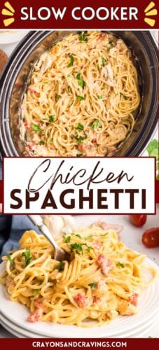g creamy chicken spaghetti in a slow cooker and served on a white plate with parsley garnish. Text reads “SLOW COOKER Chicken SPAGHETTI”.