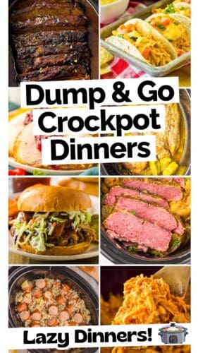 Collage pin displaying several crockpot dishes including ribs, tacos filled with shredded chicken and cheese sauce, sliced roast beef, a pulled pork sandwich with coleslaw, sausage with cabbage and potatoes, and shredded chicken. Text across the image reads &ldquo;Dump & Go Crockpot Dinners&rdquo; and &ldquo;Lazy Dinners!&rdquo; with a small crockpot icon.