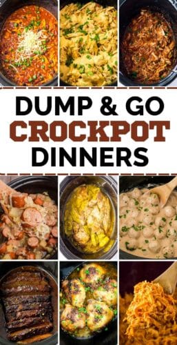 Collage pin showing several slow cooker dishes including chili topped with shredded cheese, shredded chicken with melted cheese and green onions, saucy shredded chicken, sausage with cabbage and potatoes, cooked chicken in broth, creamy meatballs, ribs, roasted chicken pieces, and shredded chicken on a spoon. Large text reads &ldquo;DUMP & GO CROCKPOT DINNERS.&rdquo;