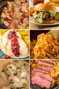 Collage of dump and go slow cooker meals including kielbasa, a pulled pork sandwich, turkey with cranberry sauce, shredded chicken, meatballs, and corned beef.