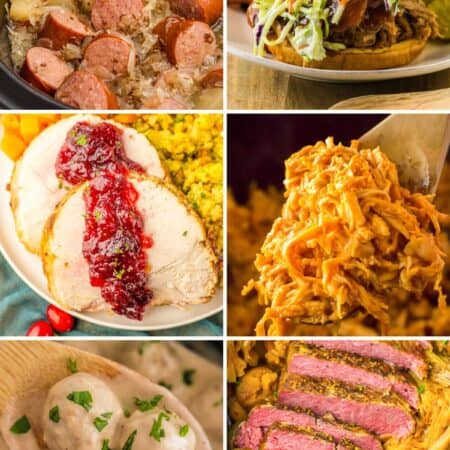 Collage of dump and go slow cooker meals including kielbasa, a pulled pork sandwich, turkey with cranberry sauce, shredded chicken, meatballs, and corned beef.