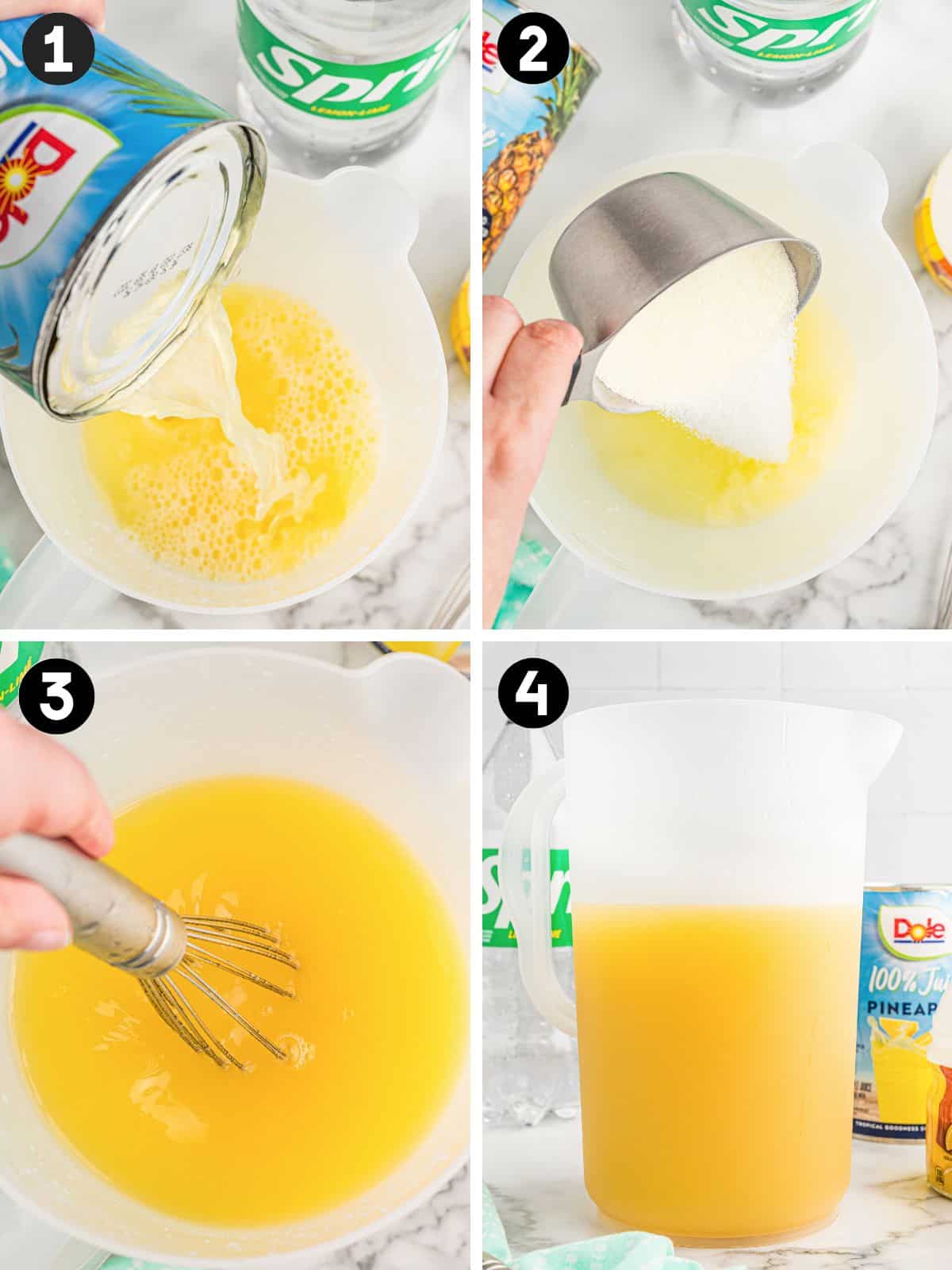 Four-image collage labeled 1 through 4 showing pineapple lemonade being made in a white pitcher: pineapple juice is poured in, lemonade mix is added from a metal measuring cup, the liquid is whisked, and the finished yellow drink sits in the pitcher with Sprite and pineapple juice nearby.