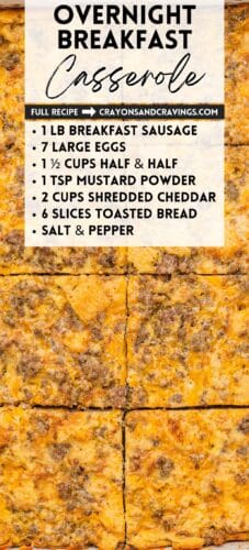 Sausage casserole recipe pin with ingredient list and text &ldquo;Overnight Breakfast Casserole&rdquo; and recipe source.