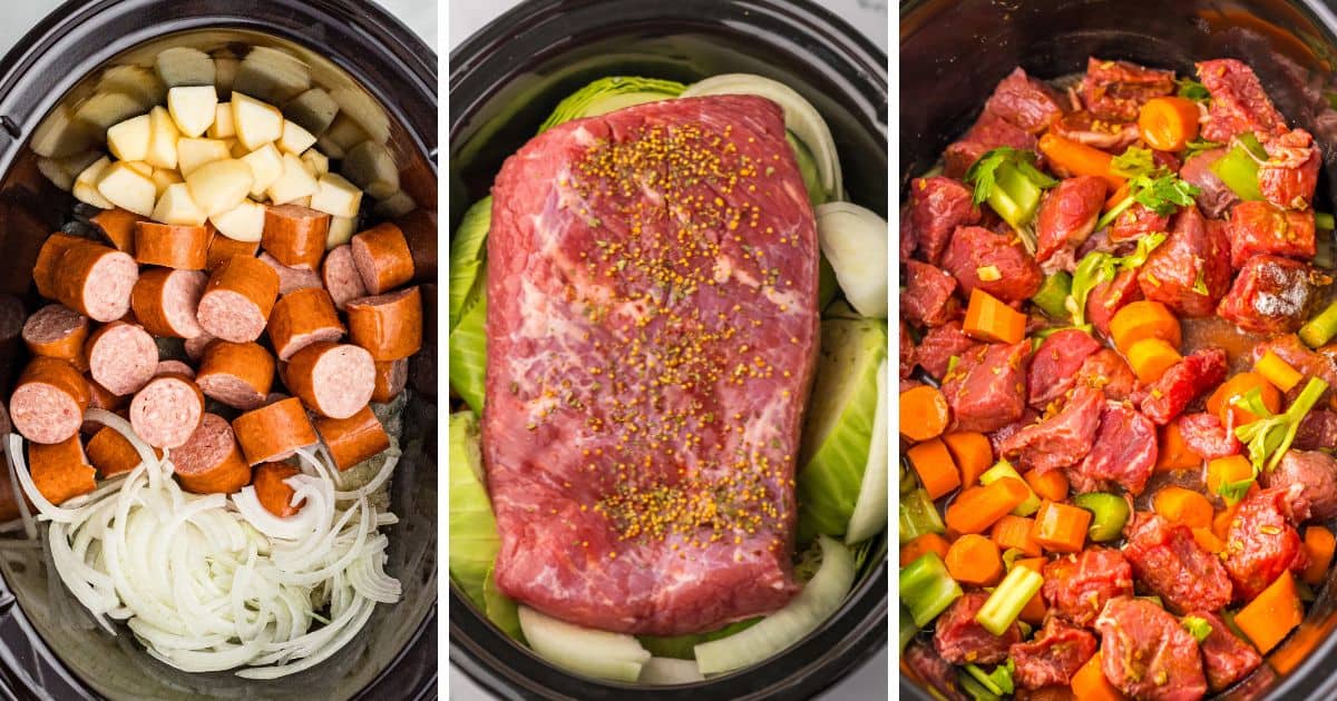 Collage of slow cooker dump-and-go recipe ingredients including sliced sausage, chopped potatoes, onions, raw roast with mustard seasoning, cabbage, carrots, celery, and beef pieces in broth.