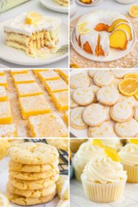 Six lemon desserts: layered lemon dessert, glazed bundt cake, lemon bars, iced cookies with lemon zest, stacked soft cookies, and frosted lemon cupcakes.