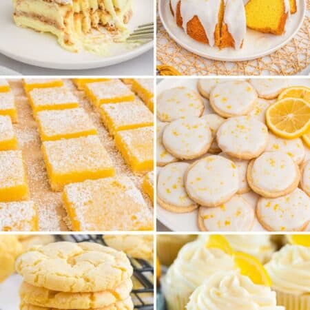 Six lemon desserts: layered lemon dessert, glazed bundt cake, lemon bars, iced cookies with lemon zest, stacked soft cookies, and frosted lemon cupcakes.