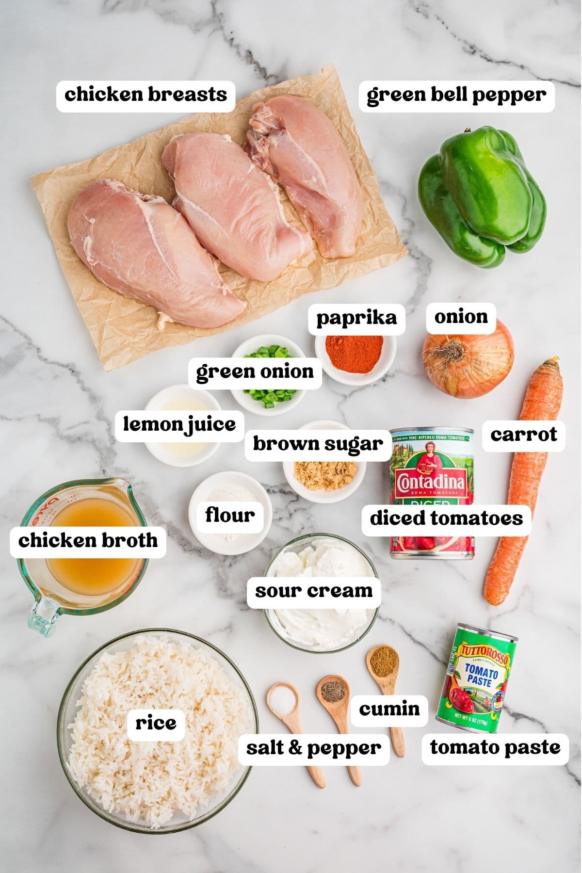 Overhead view of ingredients for slow cooker chicken paprika arranged on a marble surface, including raw chicken breasts, green bell pepper, onion, carrot, diced tomatoes, tomato paste, chicken broth, sour cream, rice, and small bowls of paprika, cumin, flour, brown sugar, lemon juice, green onion, salt, and pepper, each labeled with text.