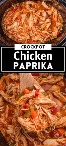 Pin of crockpot chicken paprika with close-up and title text.