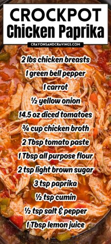 Crockpot chicken paprika with over lay of ingredients list including chicken breasts, green bell pepper, carrot, onion, diced tomatoes, chicken broth, tomato paste, flour, brown sugar, paprika, cumin, salt, pepper, and lemon juice.