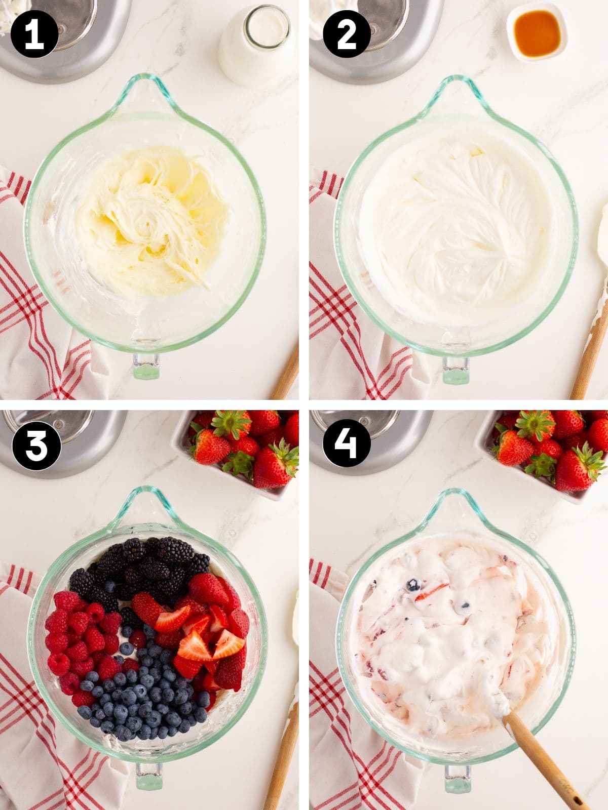 Collage with four numbered steps showing a glass mixing bowl. Step 1 shows a thick creamy mixture being blended, step 2 shows a smoother whipped mixture, step 3 shows strawberries, blueberries, raspberries, and blackberries added on top, and step 4 shows the mixture combined with berries.