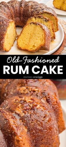 Pinterest pin titled Old-Fashioned Rum Cake showing sliced bundt cake on top and a close-up of the glossy glazed pecan crust below.