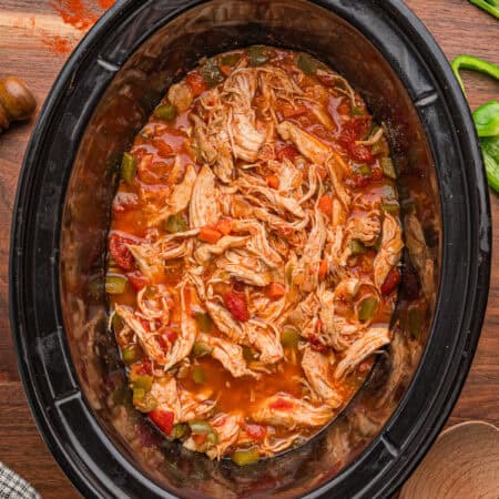 Slow Cooked Chicken Paprika surrounded by sliced carrots, green onions, paprika seasoning, and a wooden spoon on a wooden table.