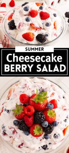 Creamy mix berry cheesecake dessert salad with text &ldquo;Summer Cheesecake Berry Salad.&rdquo;