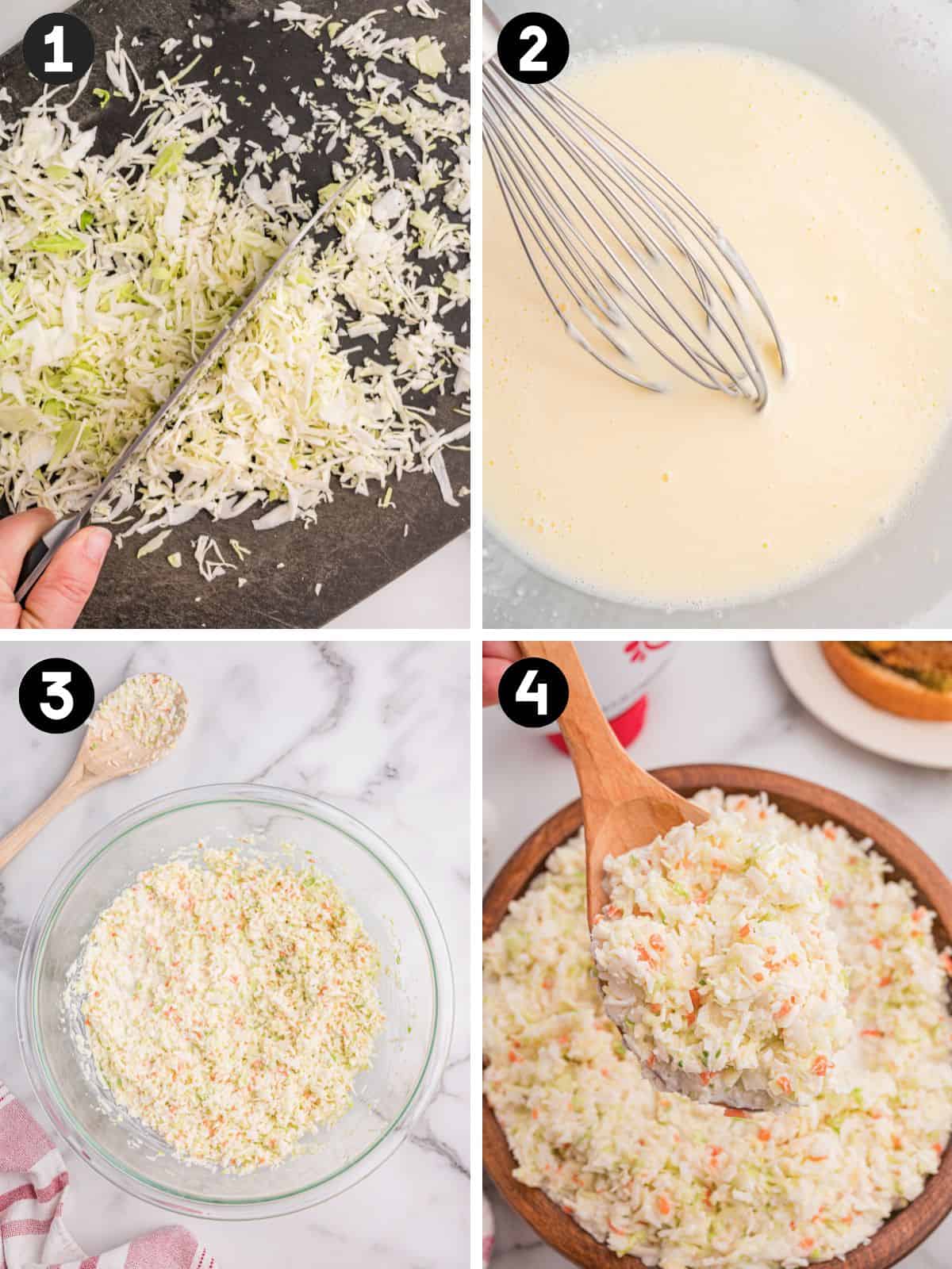 Four-step process collage: chopping cabbage, whisking the dressing, mixing the coleslaw, and serving with a wooden spoon.