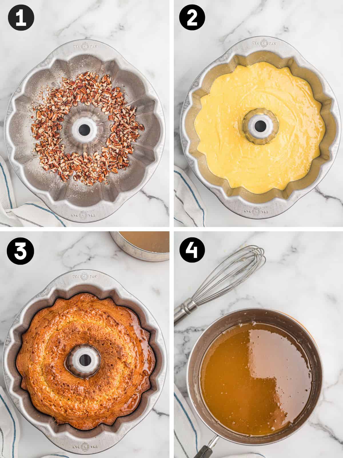 Step collage for cake mix rum cake: pecans in a bundt pan, batter poured, baked cake, and rum glaze whisked.