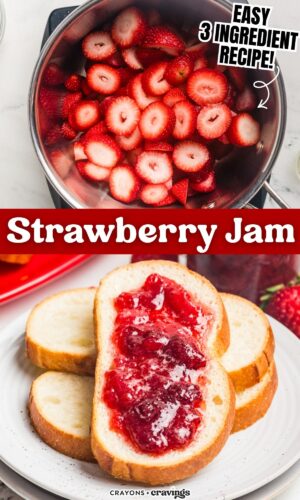 Top photo: sliced strawberries in a pan. Bottom photo: bread slices topped with strawberry jam on a plate. Overlay text: Strawberry Jam, Easy 3 Ingredient Recipe!