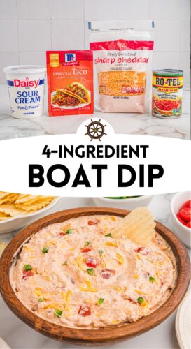 Top: sour cream, taco seasoning, shredded cheddar, and Rotel on a counter. Bottom: dip in a wooden bowl with chips nearby. Overlay text: 4-Ingredient Boat Dip.