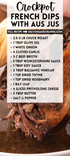 Hand dipping a French dip sandwich into au jus as the background. Overlay: Crockpot French Dips With Au Jus, Full Recipe, plus the ingredient list.