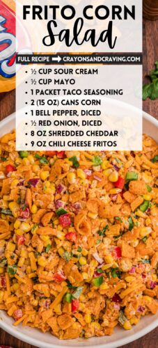 Background photo of finished Frito salad with overlay text: Frito Corn Salad, the full ingredient list, and the Crayons & Cravings URL.