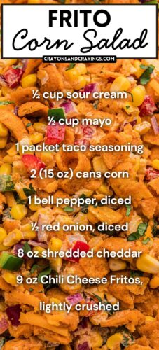 Close-up photo of finished Frito salad with overlay text: Frito Corn Salad, plus the full ingredient list.