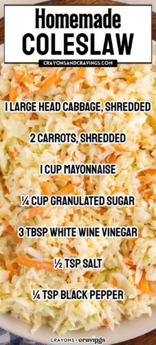 Homemade coleslaw in a white bowl with overlay text: Homemade Coleslaw, plus the full ingredient list with cabbage, carrots, mayonnaise, sugar, white wine vinegar, salt, and pepper.