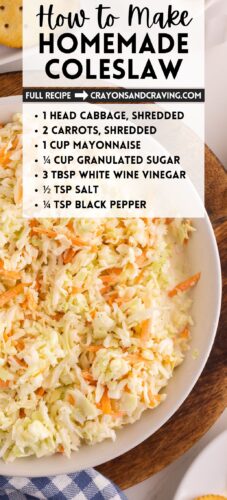 Bowl of coleslaw with the full ingredient list. Overlay text: How to Make Homemade Coleslaw.