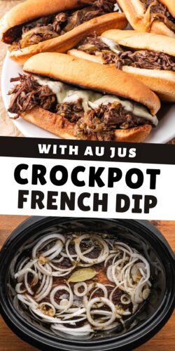 Top: hand dipping a French dip sandwich into a bowl of au jus. Bottom: French dip sandwiches on a wooden cutting board with a bowl of au jus. Overlay: Slow Cooker French Dip Sandwiches.