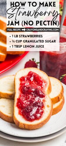 Bread topped with homemade strawberry jam. Text reads: How to Make Strawberry Jam Without Pectin, 1 lb strawberries, 3/4 cup granulated sugar, 1 Tbsp lemon juice.
