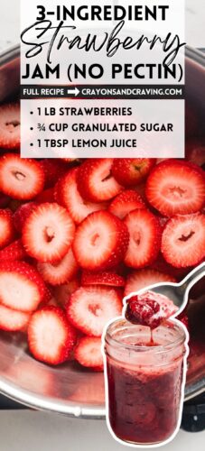 Sliced strawberries in saucepan and a jar of strawberry jam with a spoon. Overlay text: 3-Ingredient Strawberry Jam (No Pectin), 1 lb strawberries, 3/4 cup granulated sugar, 1 Tbsp lemon juice.