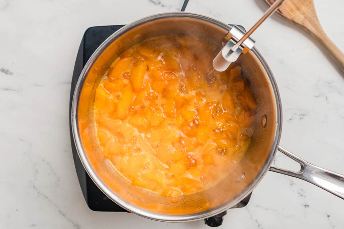 Apricot jam bubbling in a saucepan with a candy thermometer attached to the rim.