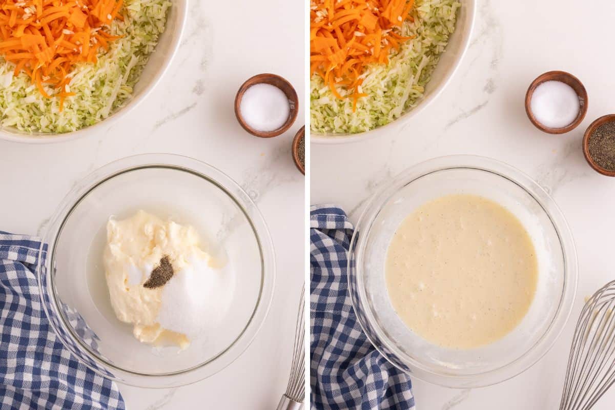Left: mayonnaise, sugar, vinegar, salt, and pepper in a glass bowl beside shredded cabbage and carrots. Right: the dressing whisked smooth in the glass bowl.