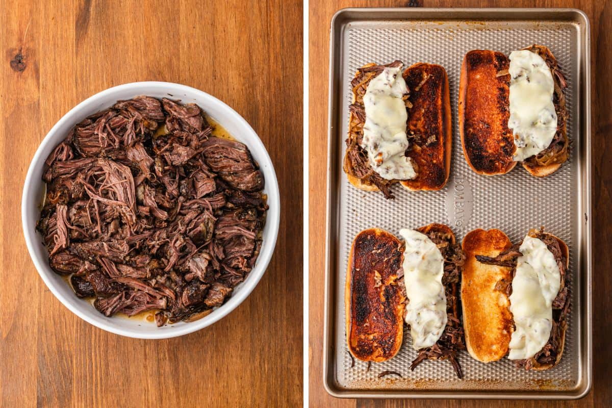 Two photos: a bowl of shredded cooked beef, and four assembled French dip sandwiches with melted provolone cheese on a sheet pan.