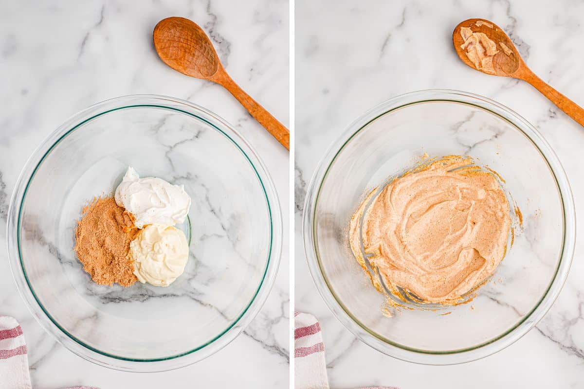 Sour cream, mayonnaise, and taco seasoning in a glass bowl on the left, whisked into a smooth orange dressing on the right.