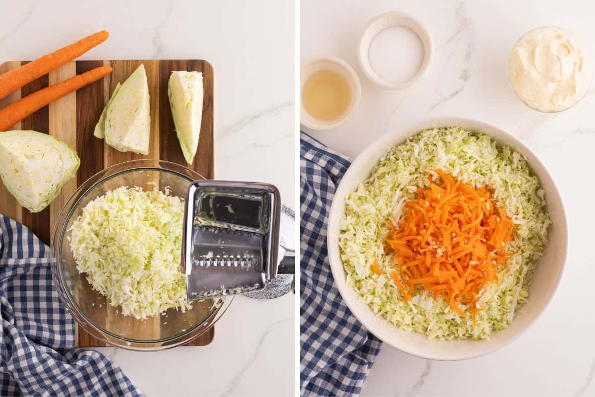 Left: cabbage being shredded on a wood board with a box grater and a glass bowl. Right: shredded cabbage and carrots in a white bowl with the dressing ingredients on the side.