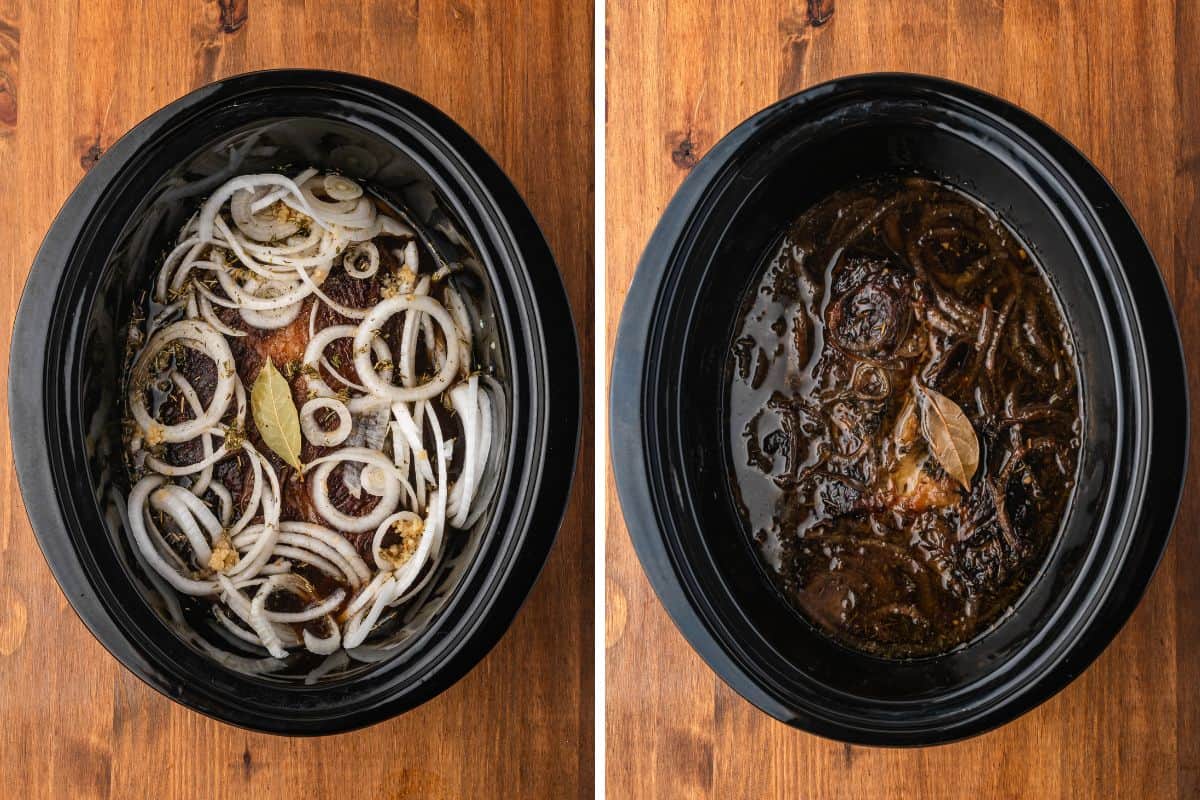 Two photos: chuck roast topped with sliced onions and a bay leaf in a slow cooker, and the same beef cooked in dark au jus.