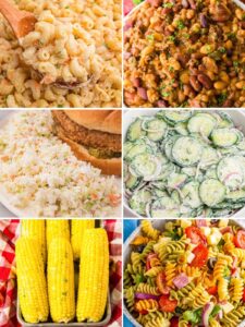 Six-photo collage of BBQ sides: macaroni salad, cowboy beans, coleslaw on a bun, cucumber salad, corn on the cob, and pasta salad.