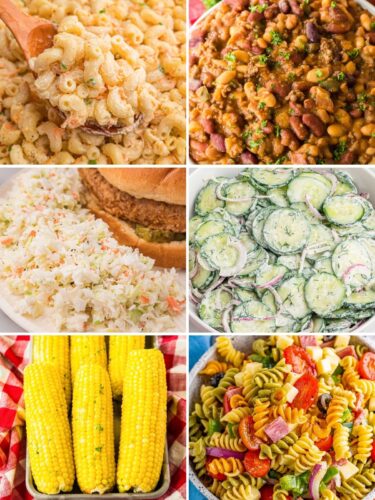 Six-photo collage of BBQ sides: macaroni salad, cowboy beans, coleslaw on a bun, cucumber salad, corn on the cob, and pasta salad.