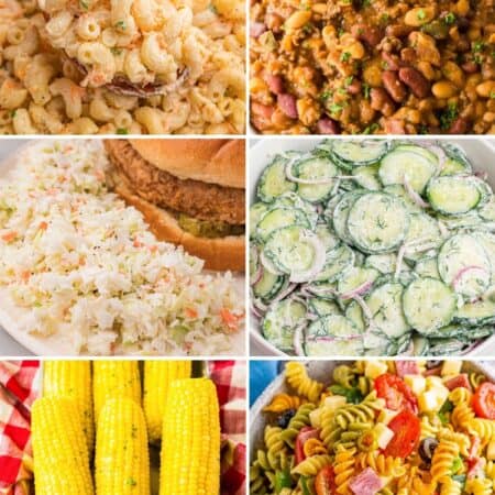Six-photo collage of BBQ sides: macaroni salad, cowboy beans, coleslaw on a bun, cucumber salad, corn on the cob, and pasta salad.