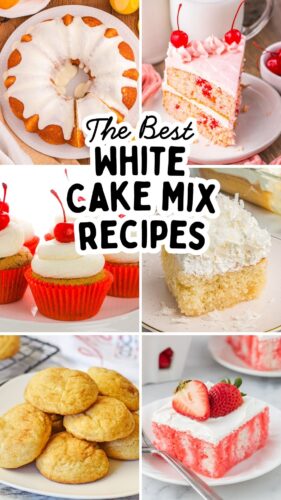 Pin titled The Best White Cake Mix Recipes showing an orange juice bundt cake, a slice of cherry chip cake, root beer cupcakes, coconut poke cake, snickerdoodles, and strawberry poke cake.
