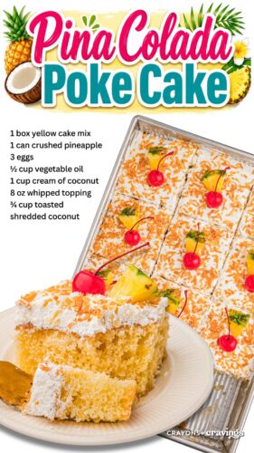 Top: overhead view of the cut cake. Bottom: a slice on a plate. Overlay text: Pina Colada Poke Cake, plus the ingredient list.