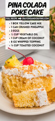 A slice of cake on a plate with toasted coconut, pineapple, and a cherry. Overlay text: Pina Colada Poke Cake, full recipe, plus the ingredient list.