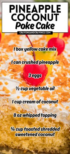 Close-up of the cake topped with toasted coconut and cherries. Overlay text: Pineapple Coconut Poke Cake, plus the ingredient list.