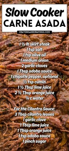 Shredded saucy beef behind overlay text: Slow Cooker Carne Asada, with the full ingredient list for the carne asada and cilantro sauce.