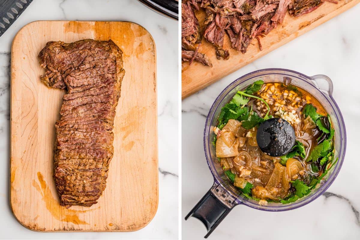 Two photos: cooked skirt steak on a wooden cutting board, and cooking liquid, onions, and cilantro in a food processor.