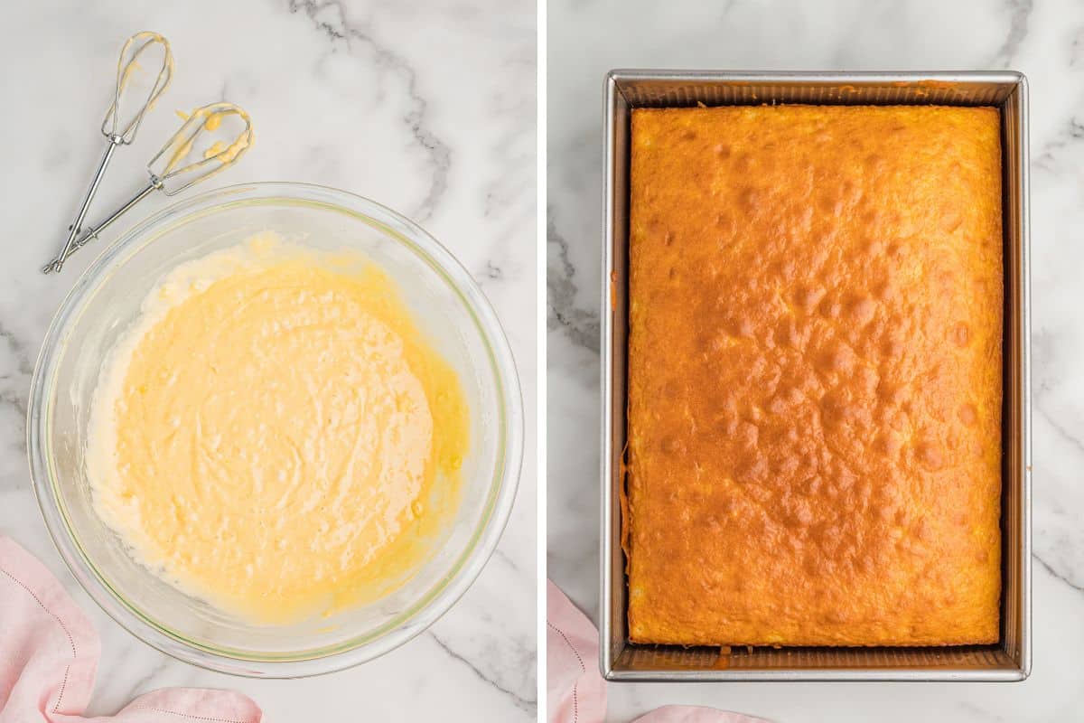 Two photos: yellow cake batter in a glass bowl with beaters, and the baked cake in a metal pan.