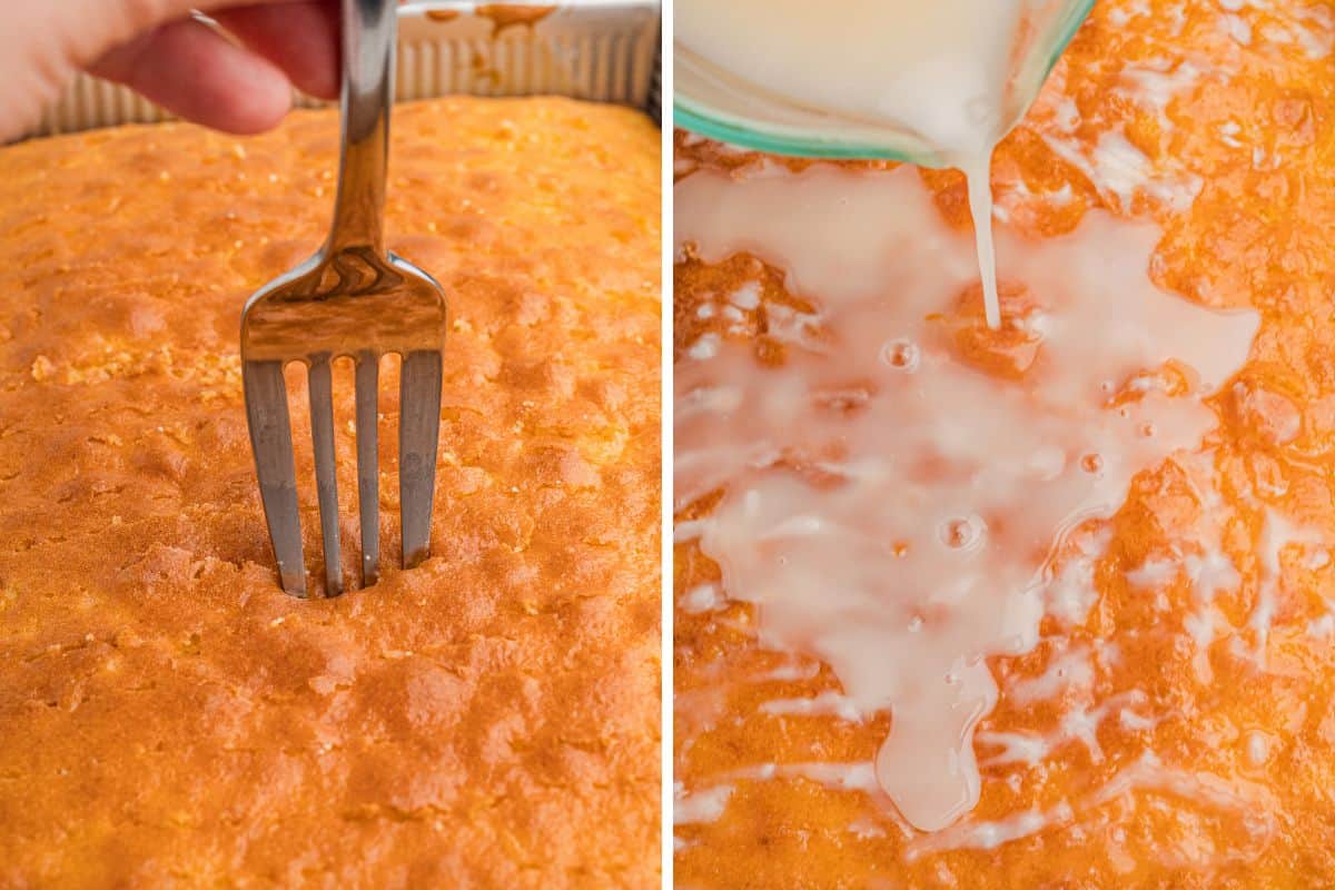 Two photos: a fork poking holes in the baked cake, and the cream of coconut mixture being poured over the top.
